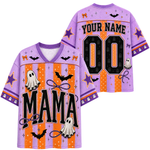 A purple and orange Halloween-themed football jersey shown from both the front and back. The front features 'MAMA' in large black letters, white ghosts, black bats, purple stars, and orange polka-dot stripes.