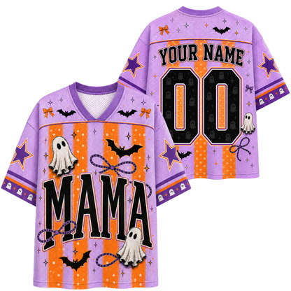 A purple and orange Halloween-themed football jersey shown from both the front and back. The front features 'MAMA' in large black letters, white ghosts, black bats, purple stars, and orange polka-dot stripes.