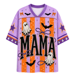 A purple and orange Halloween-themed short-sleeve V-neck jersey-style shirt with 'MAMA' printed across the front, featuring ghosts, bats, stars, bows, and polka dots.