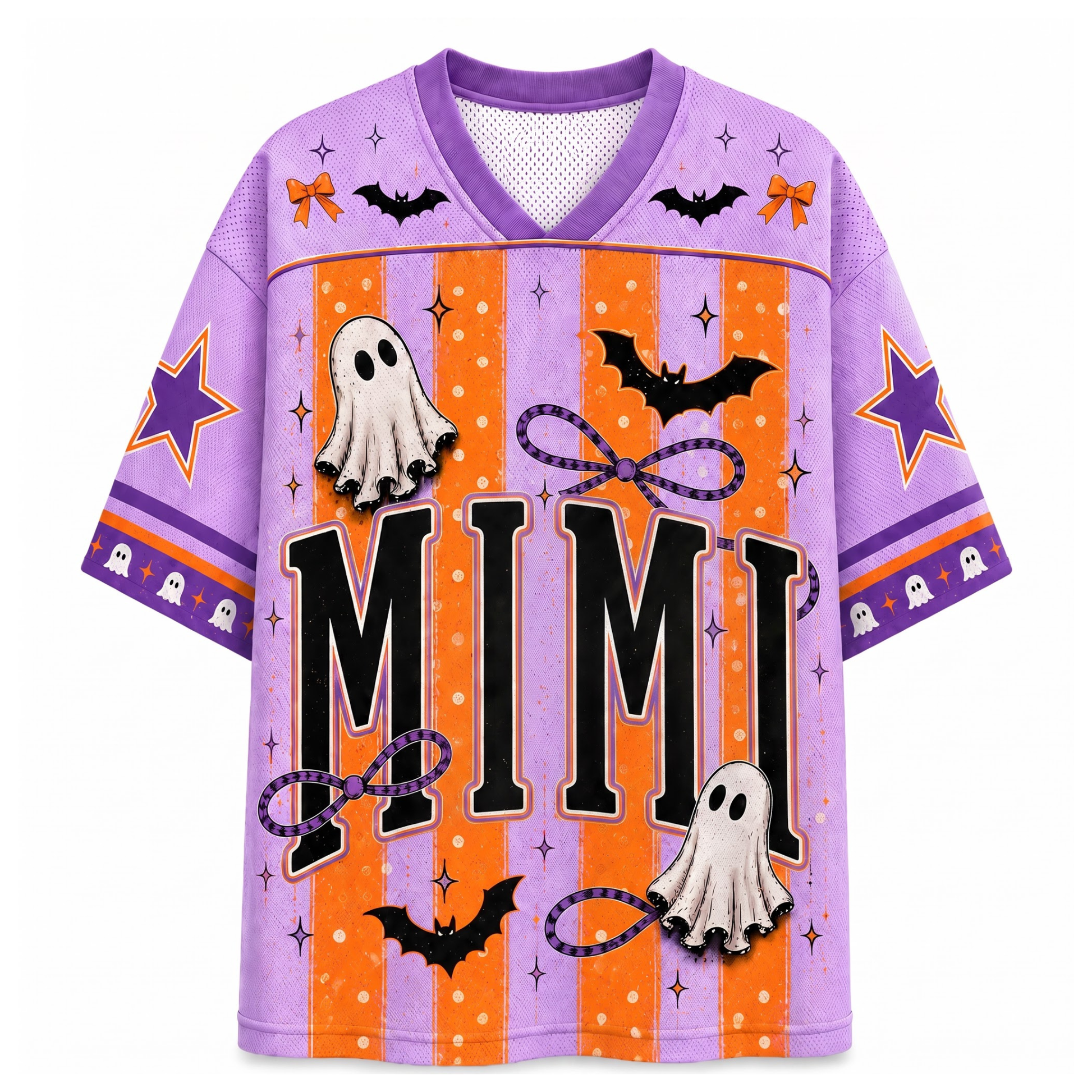 A purple and orange Halloween-themed short-sleeve V-neck jersey-style shirt with 'MIMI' printed across the front, decorated with ghosts, bats, stars, bows, and stars on a plain white background.