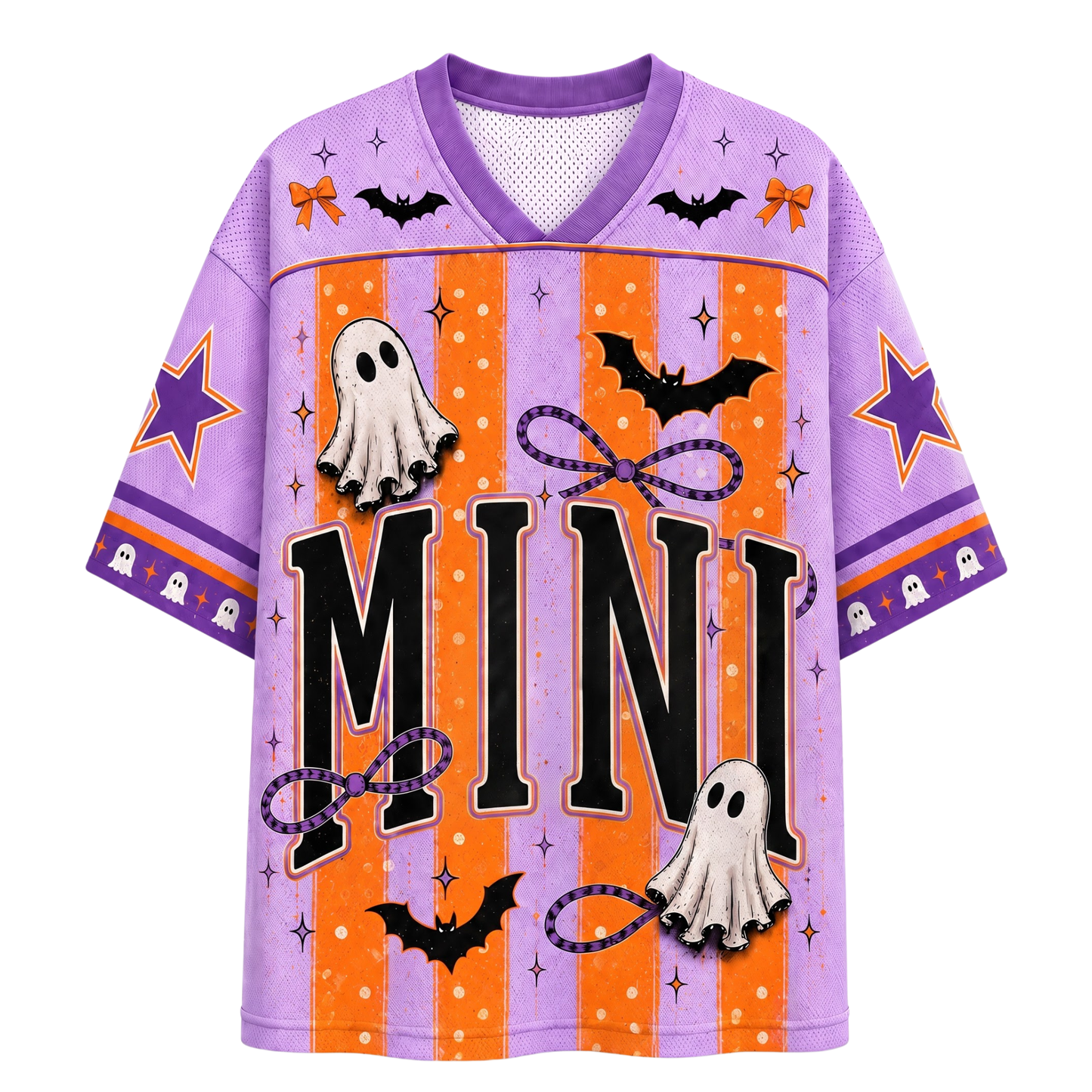A purple and orange Halloween-themed short-sleeve V-neck jersey shirt with 'MINI' printed in large black letters, decorated with ghosts, bats, stars, and bows.
