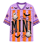 A purple and orange Halloween-themed short-sleeve V-neck jersey shirt with 'MINI' printed in large black letters, decorated with ghosts, bats, stars, and bows.