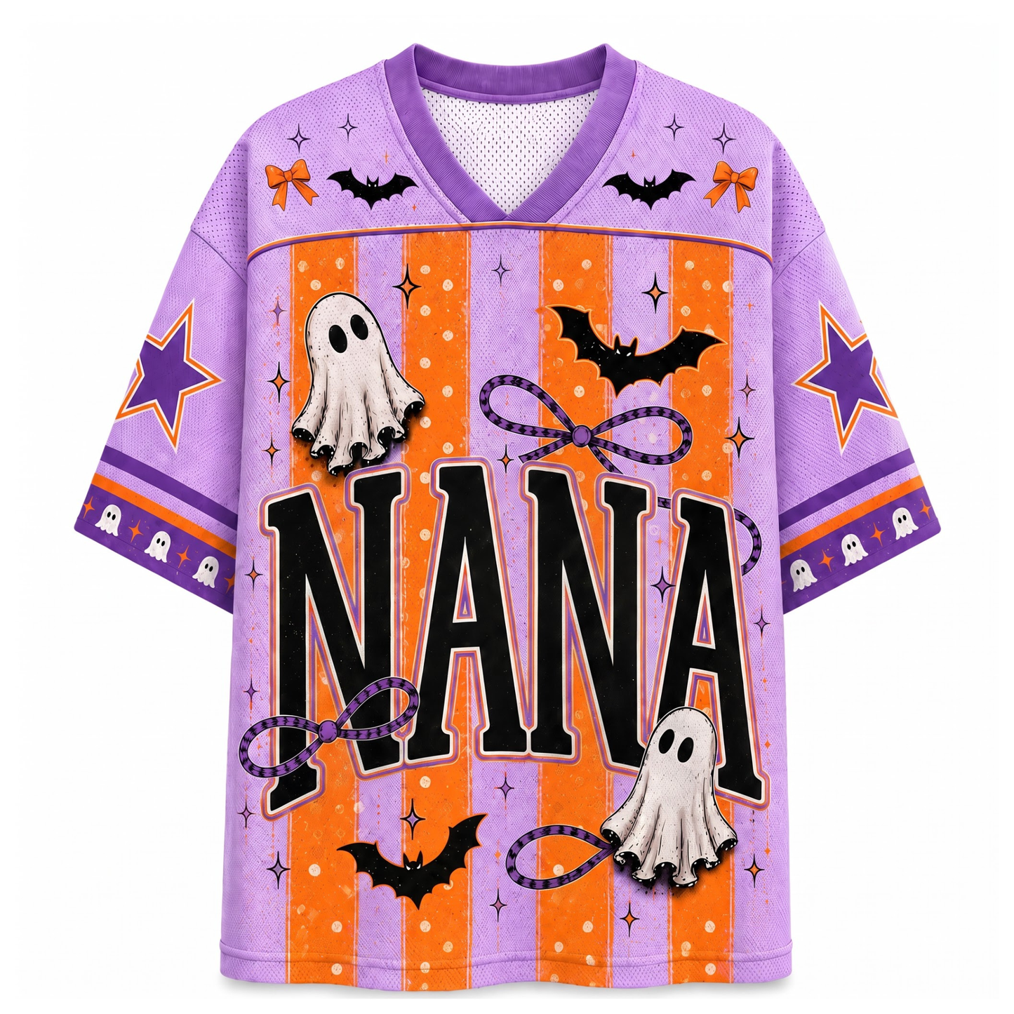 A purple and orange Halloween-themed short-sleeve V-neck jersey shirt with 'NANA' printed in large black letters, decorated with ghosts, bats, stars, and bows on a white background.