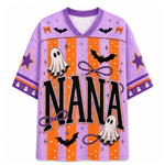 A purple and orange Halloween-themed short-sleeve V-neck jersey shirt with 'NANA' printed in large black letters, decorated with ghosts, bats, stars, and bows on a white background.