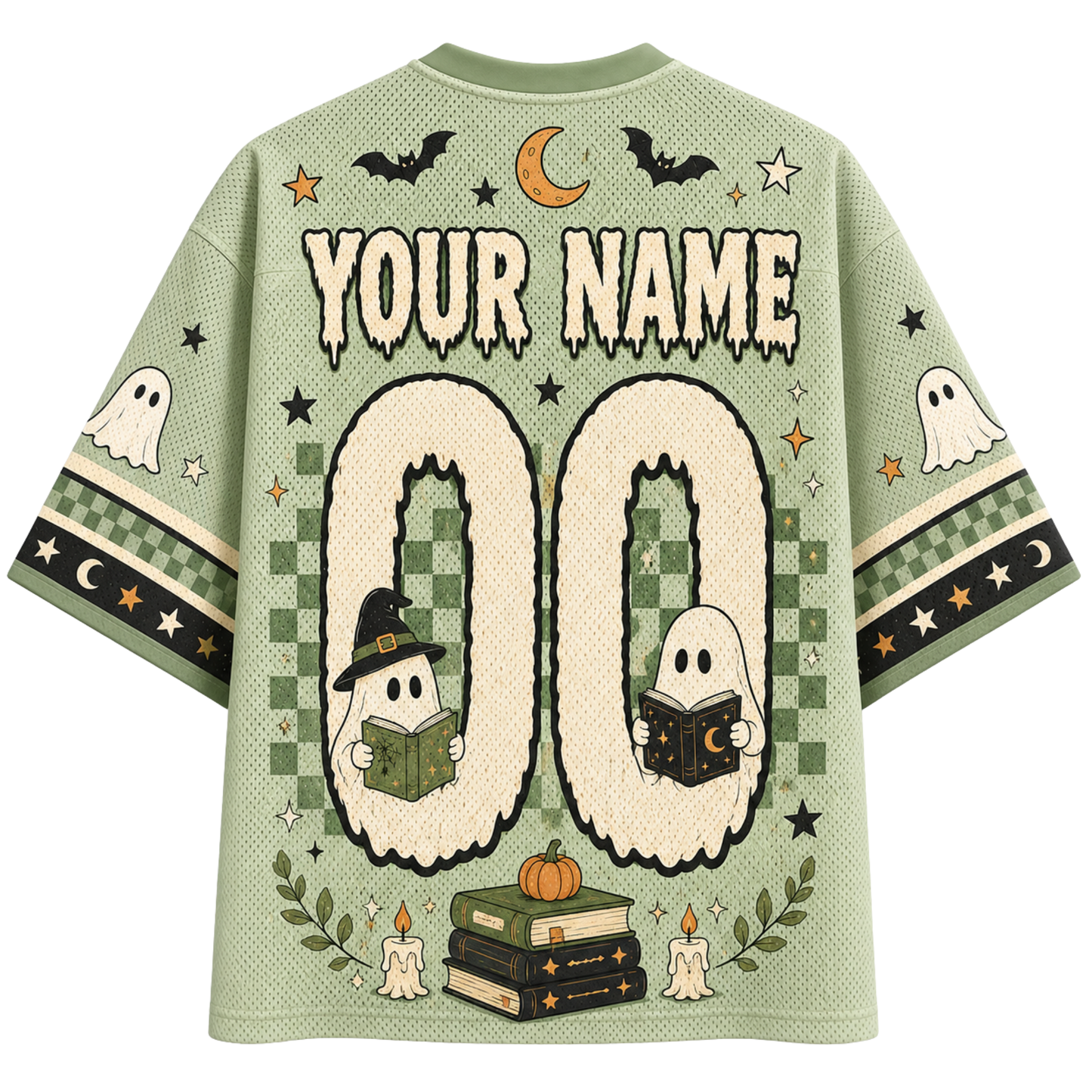 A sage green short-sleeve t-shirt with a Halloween-themed graphic design on the back, featuring 'YOUR NAME 00' for personalization, cartoon ghosts reading books, bats, stars, and a crescent moon.