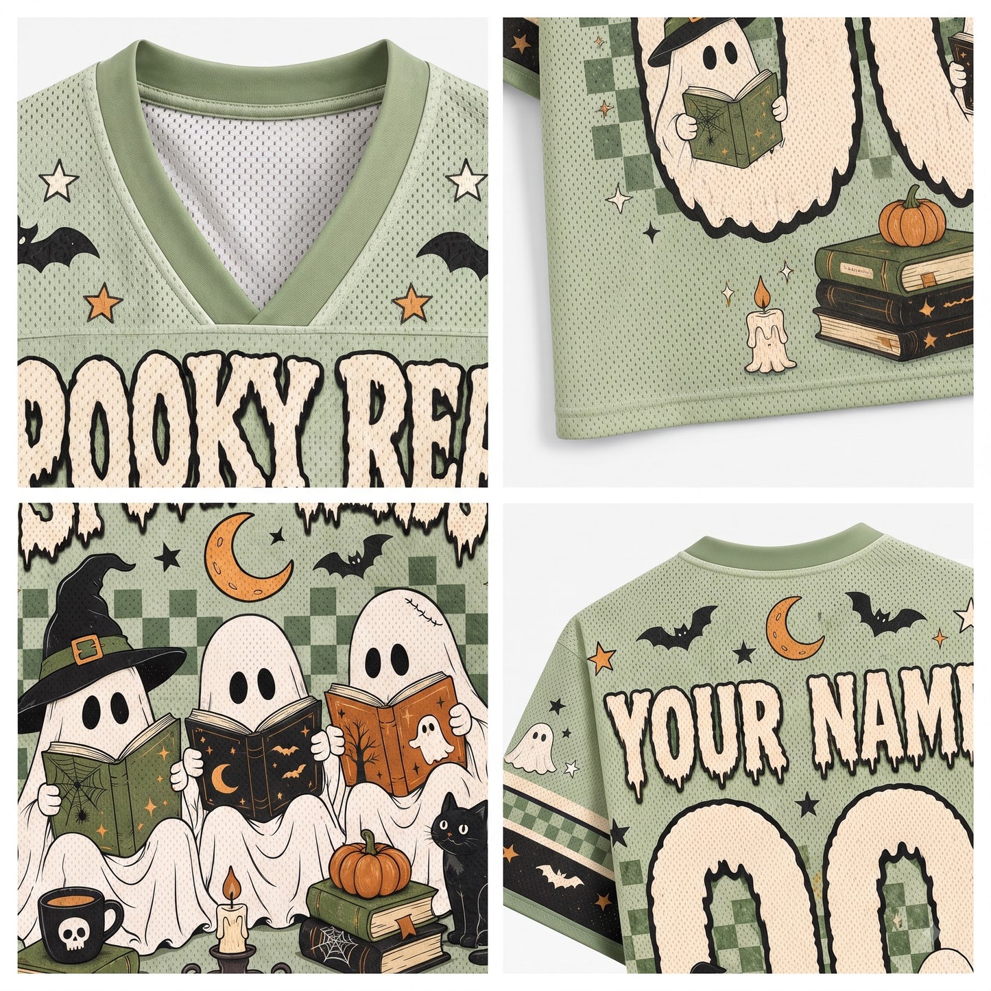 Chaotic Mom Spooky Season Ghost Reading Books Sage Green Mesh Jersey