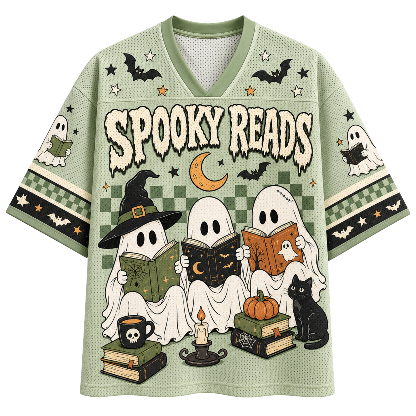 A purple and orange Halloween-themed short-sleeve V-neck jersey-style shirt with 'MAMA' printed across the front, featuring ghosts, bats, stars, bows, and polka dots.
