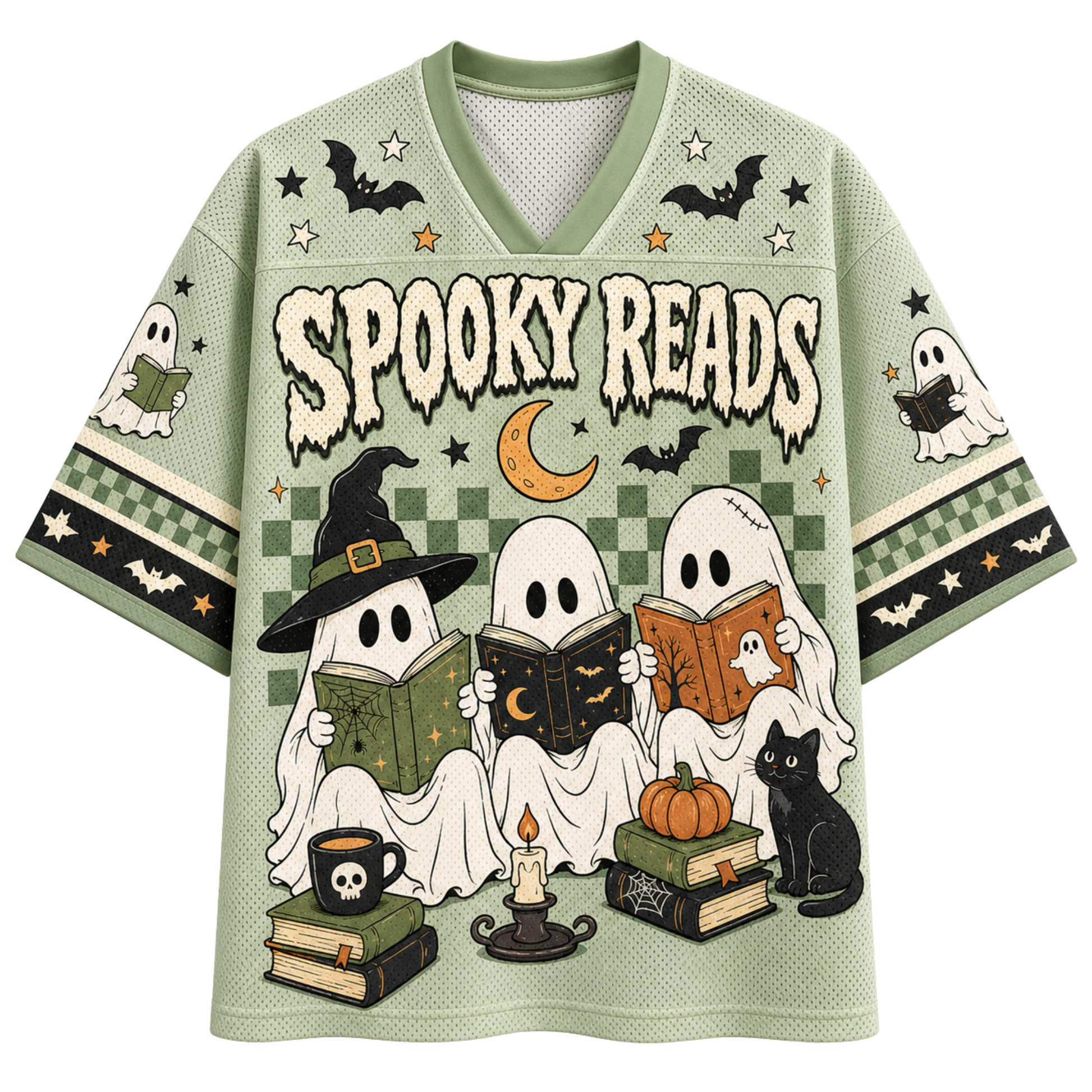 A purple and orange Halloween-themed short-sleeve V-neck jersey-style shirt with 'MAMA' printed across the front, featuring ghosts, bats, stars, bows, and polka dots.
