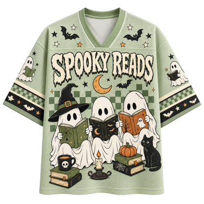 A purple and orange Halloween-themed short-sleeve V-neck jersey-style shirt with 'MAMA' printed across the front, featuring ghosts, bats, stars, bows, and polka dots.