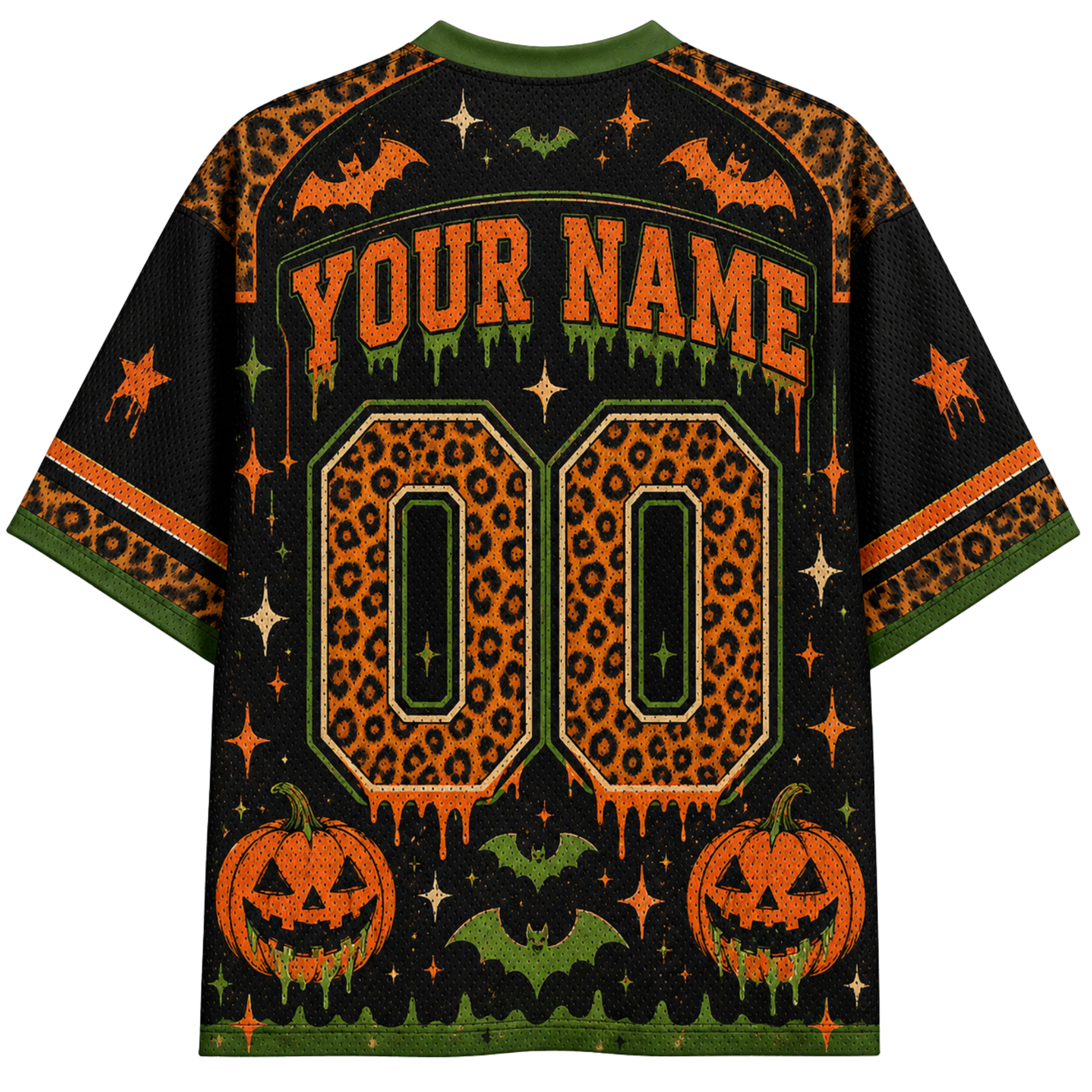 A black short-sleeve t-shirt with a Halloween-themed custom print, featuring orange leopard-print numbers, 'YOUR NAME' text, pumpkins, bats, stars, and green trim.