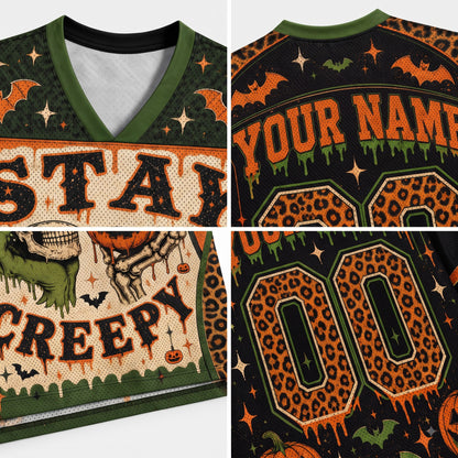 A four-panel close-up collage of a Halloween-themed custom sports jersey. The panels show the V-neck collar, the back with 'YOUR NAME' and numbers, a side graphic with a skull and 'CREEPY' text, and a leopard-print number detail on a black background with orange, green, and beige graphics.