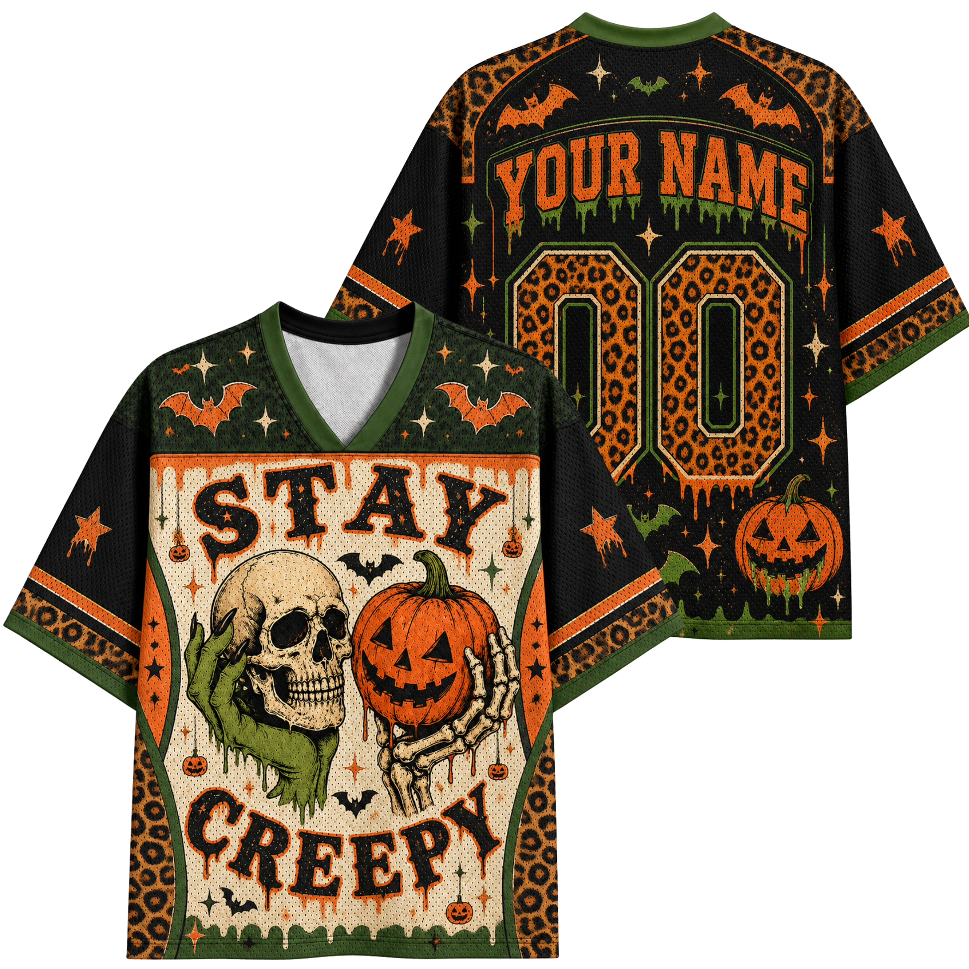Front and back views of a Halloween-themed V-neck t-shirt. The shirt features a spooky graphic design with a skull, a skeleton hand holding a jack-o'-lantern, bats, pumpkins, leopard print patterns, and customizable text reading 'YOUR NAME' and 'STAY CREEPY'.
