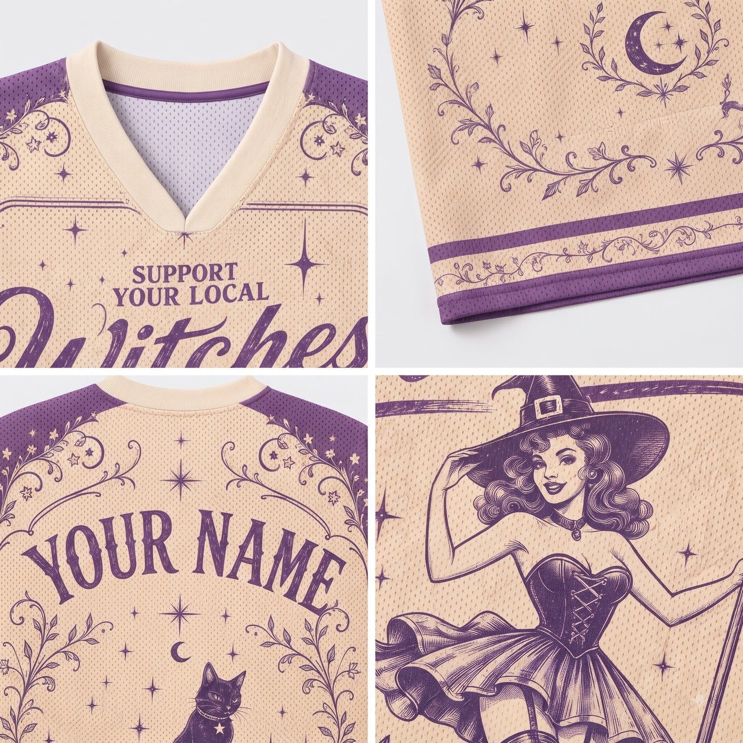 A four-panel close-up collage of a custom V-neck t-shirt. The shirt has a cream-colored body with purple and beige graphics, including the text 'SUPPORT YOUR LOCAL Witches', 'YOUR NAME', a witch illustration, and a cat.