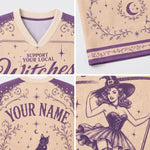 A four-panel close-up collage of a custom V-neck t-shirt. The shirt has a cream-colored body with purple and beige graphics, including the text 'SUPPORT YOUR LOCAL Witches', 'YOUR NAME', a witch illustration, and a cat.