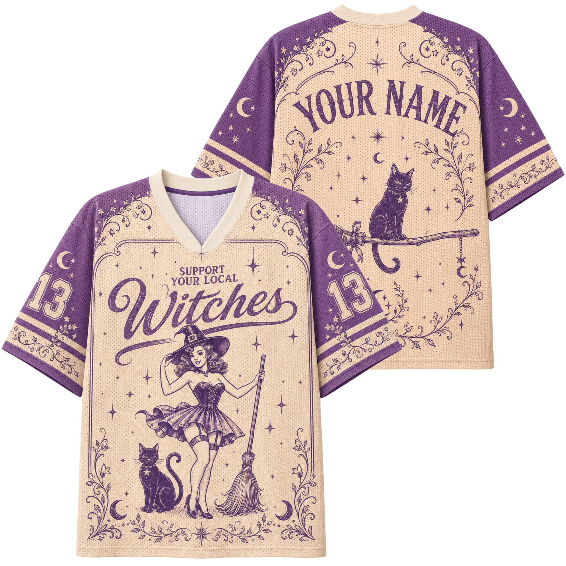 A custom short-sleeve V-neck jersey shirt shown from both front and back. The design features a purple witch illustration with a broom, cat, and stars on a beige background, with purple text reading 'SUPPORT YOUR LOCAL Witches' and 'YOUR NAME' on the back.