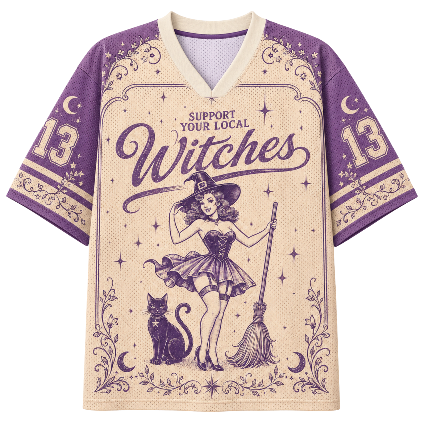 A Halloween-themed short-sleeve V-neck t-shirt with a dark green and orange color scheme. The front features a graphic of a black horse, a haunted house under a full moon, jack-o'-lanterns, and gothic text reading 'Sleepy Hollow Dead and Breakfast'.