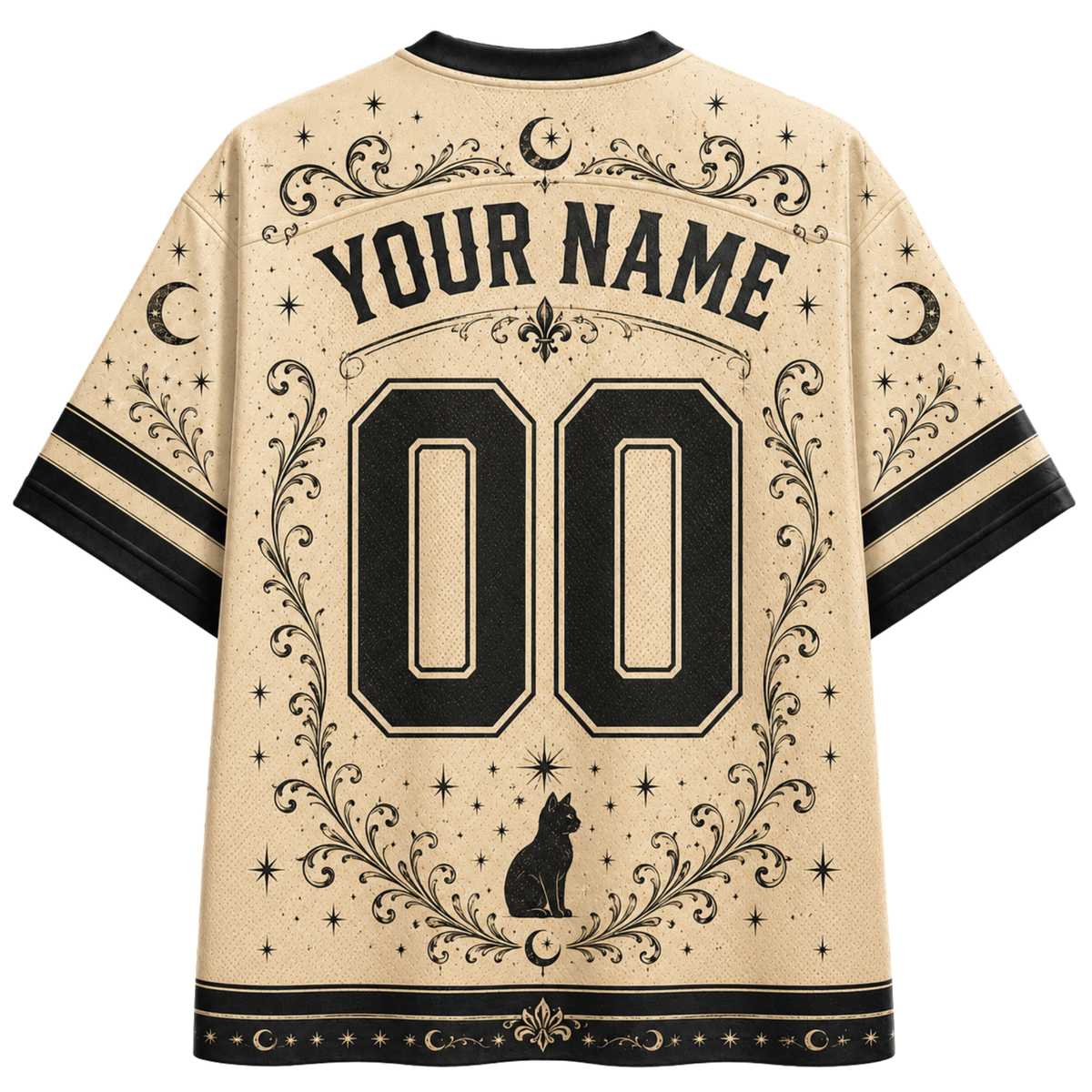 Back view of a beige short-sleeve jersey-style shirt with black celestial graphics, including moons, stars, ornate flourishes, a cat silhouette, and large customizable text reading 'YOUR NAME' and '00'.