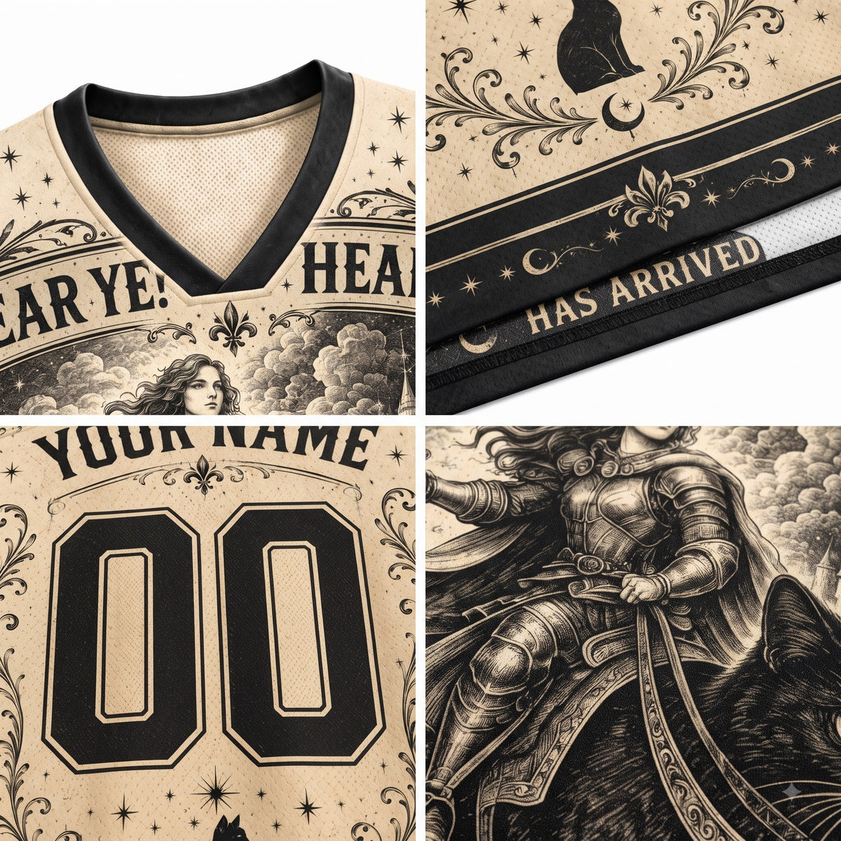 A four-panel close-up collage of a custom sports jersey fabric design. The panels show details of the V-neck collar, an 'HAS ARRIVED' decorative band, a customizable number '00' graphic, and a detailed black-and-beige fantasy knight illustration on a cream background.