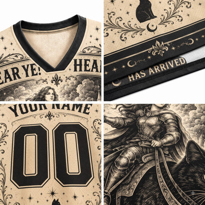 A four-panel close-up collage of a custom sports jersey fabric design. The panels show details of the V-neck collar, an 'HAS ARRIVED' decorative band, a customizable number '00' graphic, and a detailed black-and-beige fantasy knight illustration on a cream background.