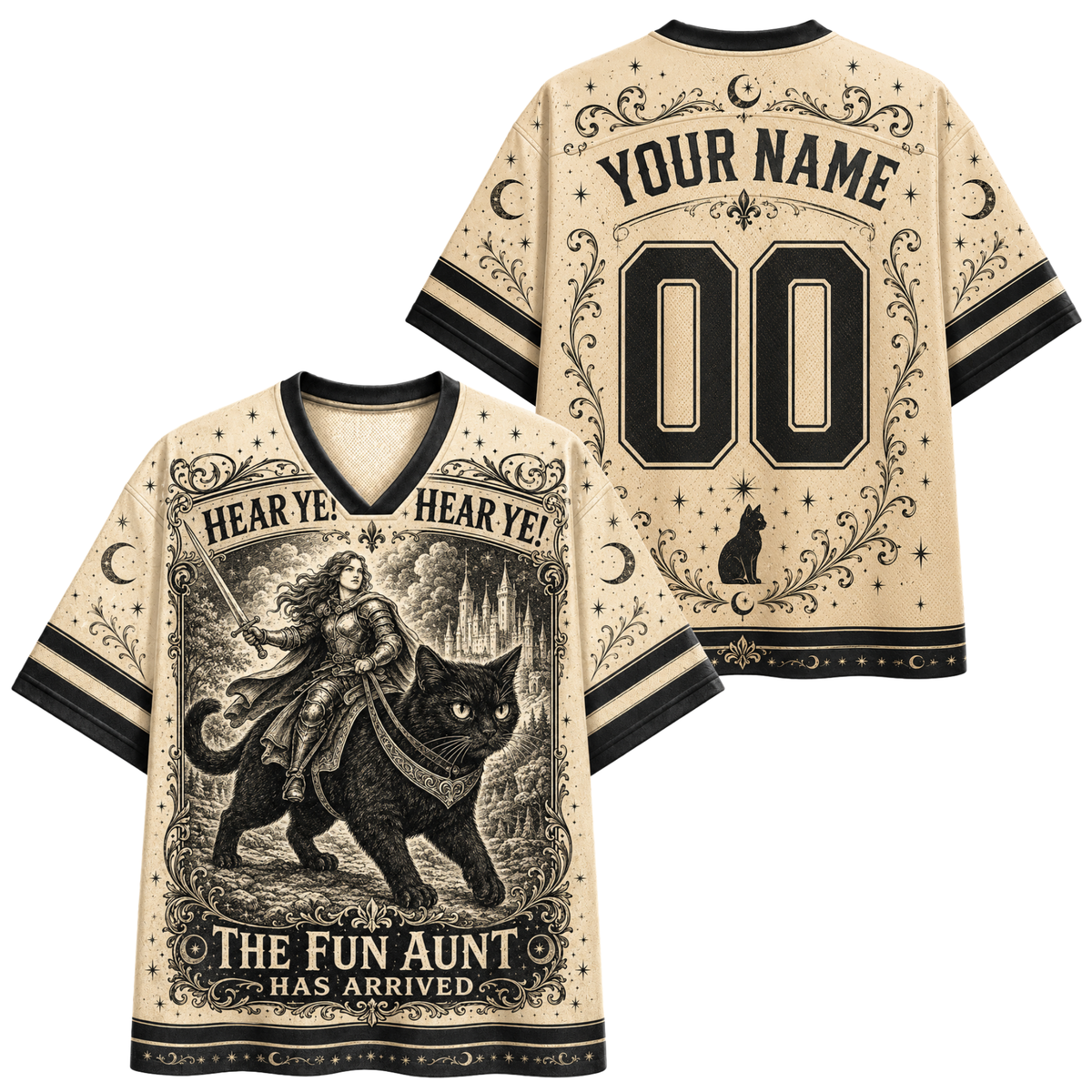 Front and back views of a beige V-neck jersey-style shirt with black trim, featuring a vintage-style witch riding a black cat illustration on the front and customizable text 'YOUR NAME' and '00' on the back.