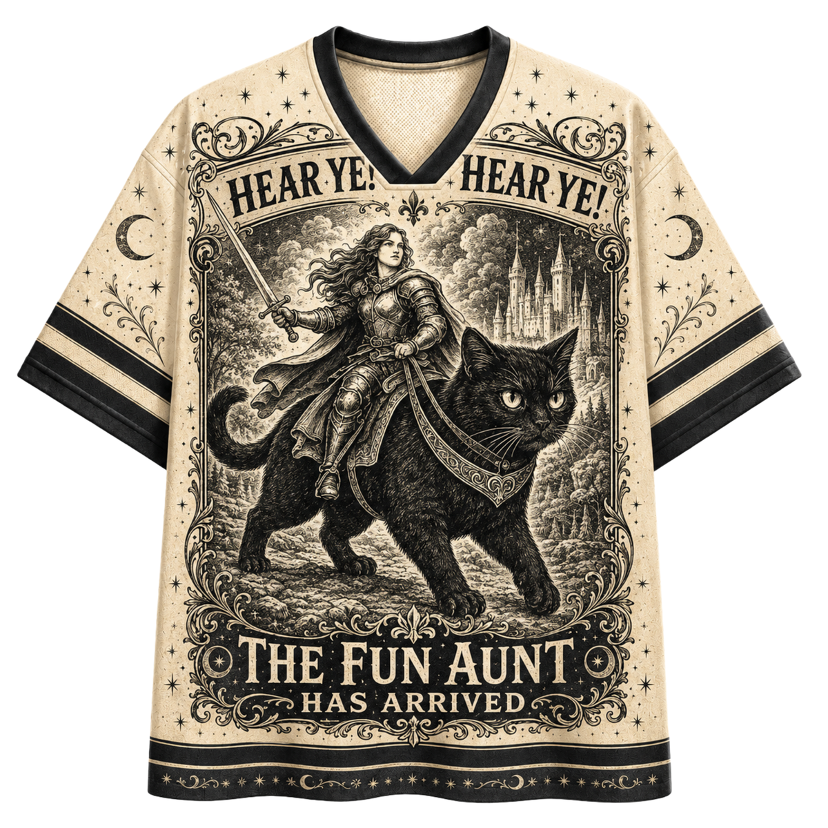 A cream-colored short-sleeve V-neck t-shirt with black trim, featuring a detailed black-and-cream graphic print of a woman riding a black cat with the text 'HEAR YE! HEAR YE! THE FUN AUNT HAS ARRIVED'.