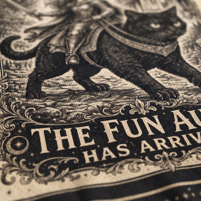 Close-up of a vintage-style illustrated print showing a black cat carrying a rider, with ornate decorative scrollwork and the partial text 'THE FUN AL.