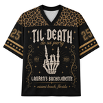 A black short-sleeve V-neck jersey with a leopard print shoulder yoke, gold and black number 25 sleeves, and a central bachelorette graphic featuring a skeleton hand, stars, and the text 'Til Death do us party' and 'Lauren's Bachelorette'.