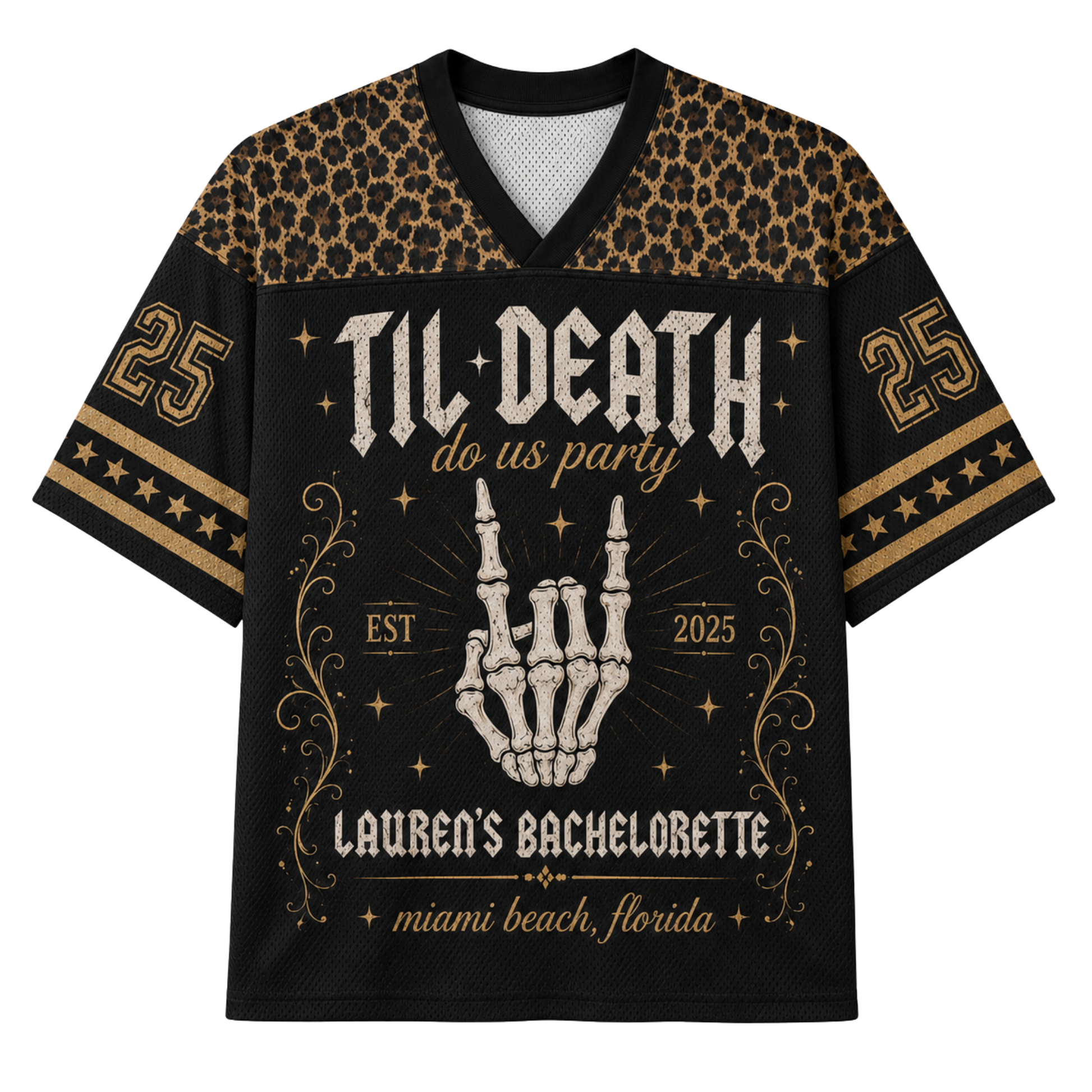 A black short-sleeve V-neck jersey with a leopard print shoulder yoke, gold and black number 25 sleeves, and a central bachelorette graphic featuring a skeleton hand, stars, and the text 'Til Death do us party' and 'Lauren's Bachelorette'.