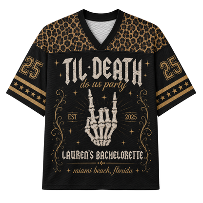 A black short-sleeve V-neck jersey with a leopard print shoulder yoke, gold and black number 25 sleeves, and a central bachelorette graphic featuring a skeleton hand, stars, and the text 'Til Death do us party' and 'Lauren's Bachelorette'.