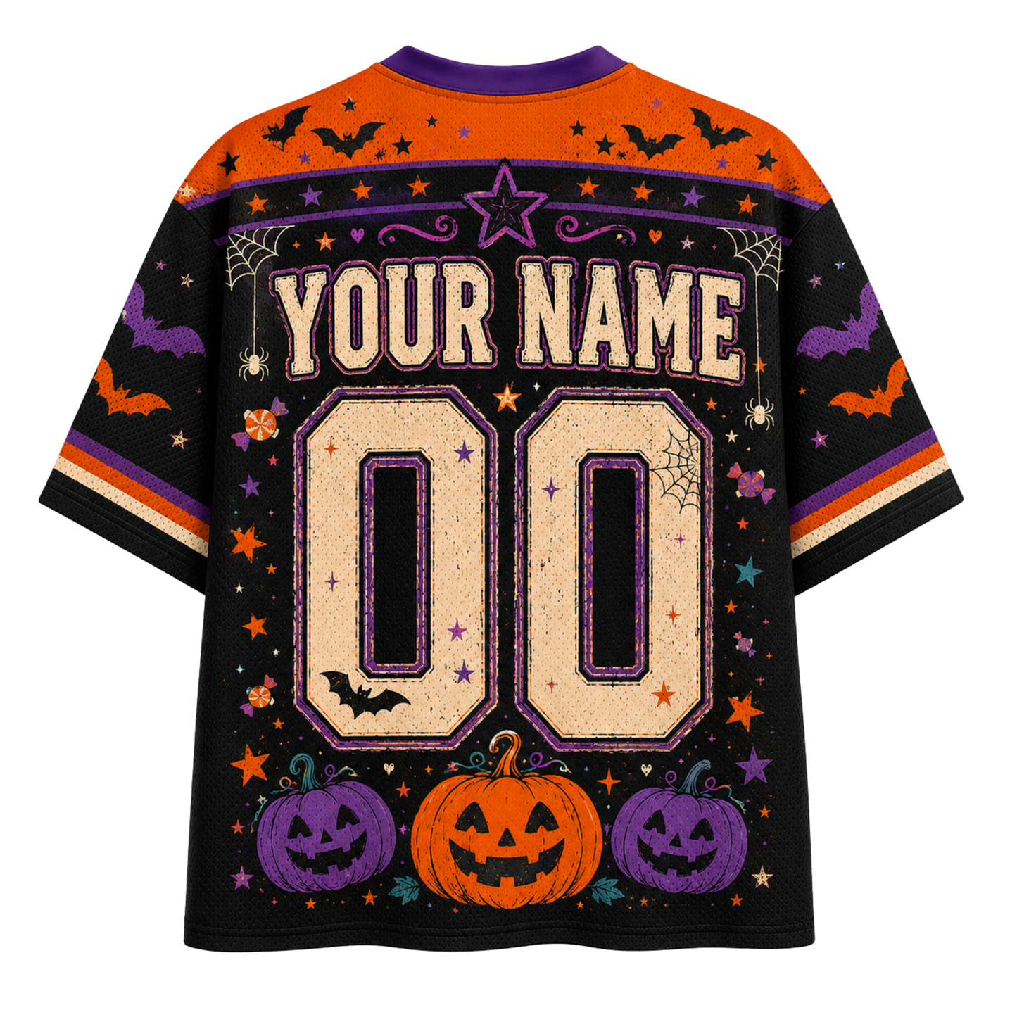 A Halloween-themed short-sleeve t-shirt with a black body, orange shoulders, and purple and orange accents. The back of the shirt features a customizable design with 'YOUR NAME' and '00' in a textured beige font, surrounded by pumpkins, bats, and stars.