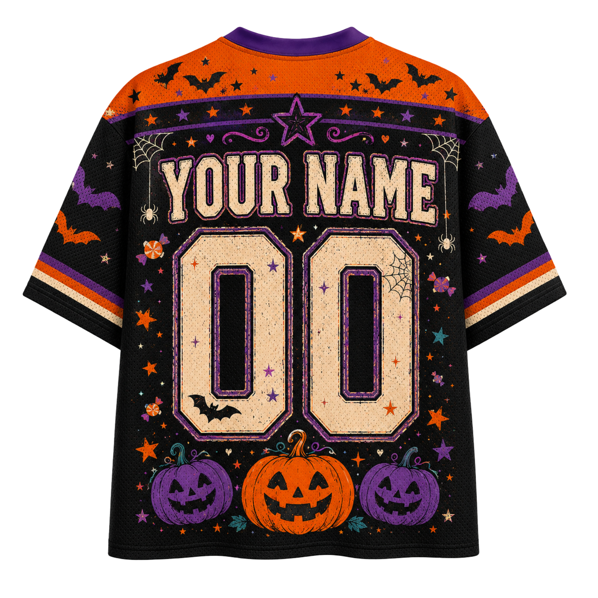 A Halloween-themed short-sleeve t-shirt with a black body, orange shoulders, and purple and orange accents. The back of the shirt features a customizable design with 'YOUR NAME' and '00' in a textured beige font, surrounded by pumpkins, bats, and stars.