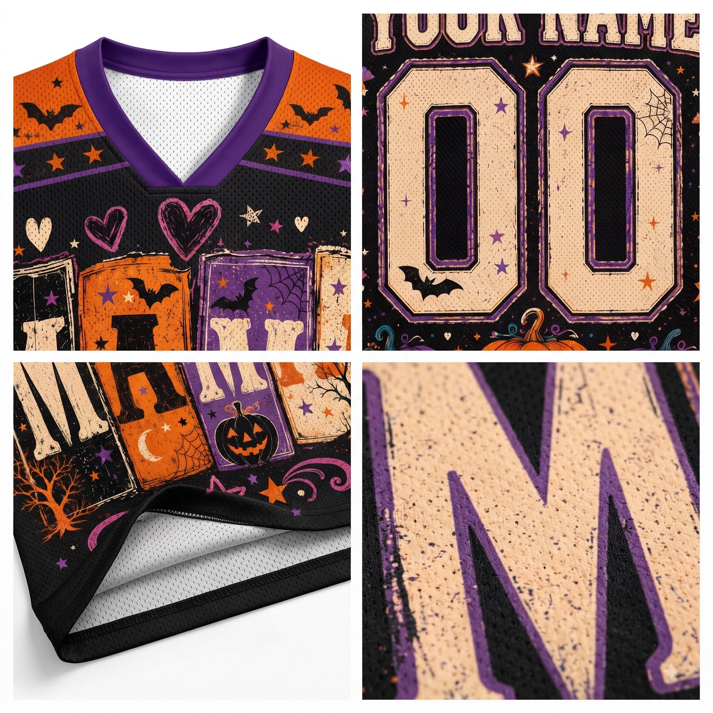 A collage showing a Halloween-themed football-style jersey from multiple angles, including a full front view, close-ups of the number patch area, and a hem detail. The jersey has a black base with purple trim and a multicolor printed pattern featuring bats, pumpkins, ghosts, stars, and bones.