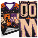 A collage showing a Halloween-themed football-style jersey from multiple angles, including a full front view, close-ups of the number patch area, and a hem detail. The jersey has a black base with purple trim and a multicolor printed pattern featuring bats, pumpkins, ghosts, stars, and bones.