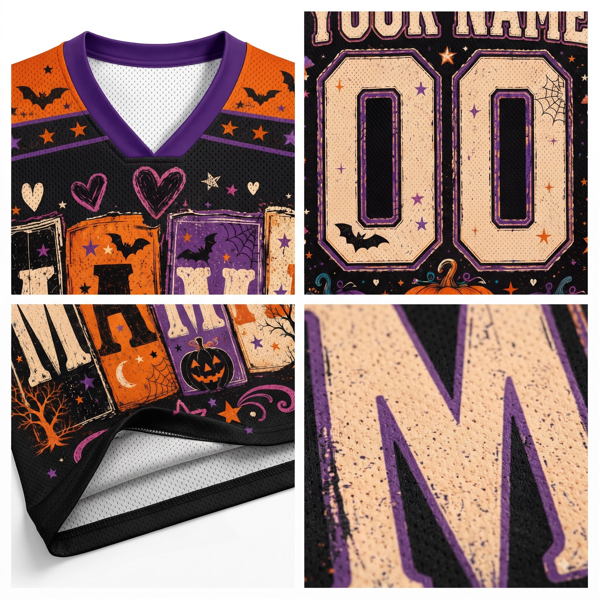 A collage showing a Halloween-themed football-style jersey from multiple angles, including a full front view, close-ups of the number patch area, and a hem detail. The jersey has a black base with purple trim and a multicolor printed pattern featuring bats, pumpkins, ghosts, stars, and bones.