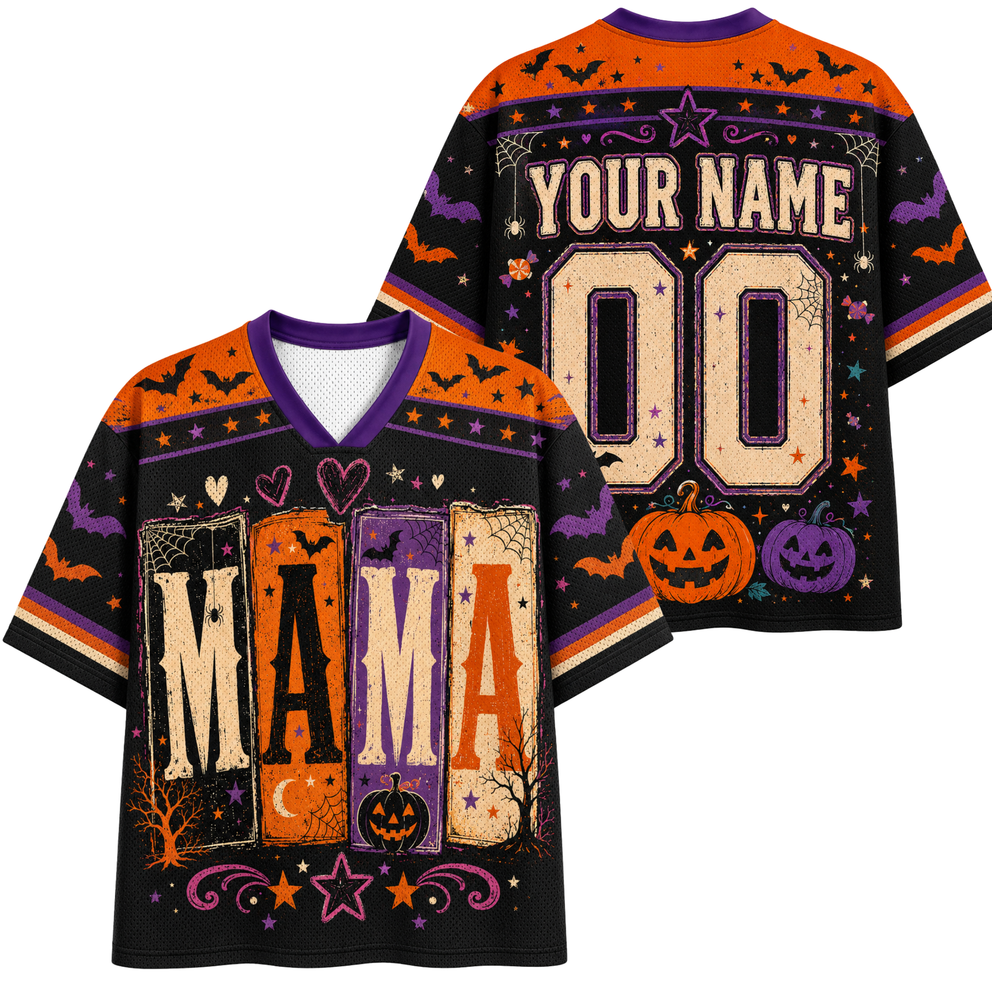 Front and back views of a customizable Halloween-themed football jersey. The jersey features a black base with orange, purple, and beige graphics, including bats, pumpkins, stars, and the word 'MAMA' spelled out in block letters.