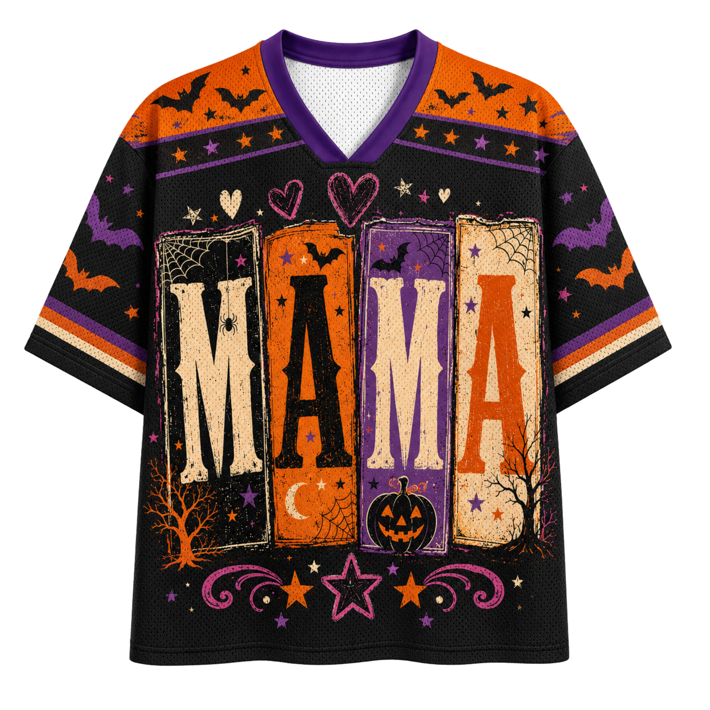 A short-sleeve V-neck t-shirt with a fall-themed pumpkin graphic. The shirt features a large brown pumpkin with white polka dots and a football laces design on the front, set against a cream-colored background with autumn leaves, stars, and moon motifs.