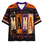 A short-sleeve V-neck t-shirt with a fall-themed pumpkin graphic. The shirt features a large brown pumpkin with white polka dots and a football laces design on the front, set against a cream-colored background with autumn leaves, stars, and moon motifs.