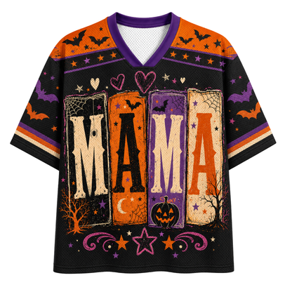 A short-sleeve V-neck t-shirt with a fall-themed pumpkin graphic. The shirt features a large brown pumpkin with white polka dots and a football laces design on the front, set against a cream-colored background with autumn leaves, stars, and moon motifs.