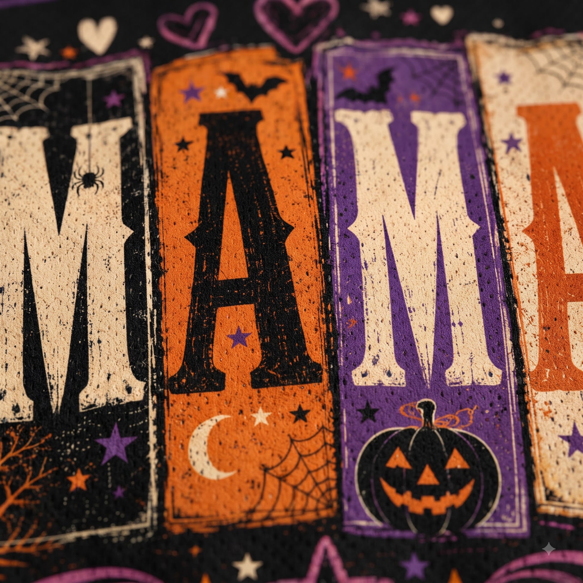 Close-up of a Halloween-themed fabric or print featuring large distressed block letters spelling part of a word, with black, orange, and purple panels, stars, bats, a crescent moon, spiderwebs, and a jack-o'-lantern.