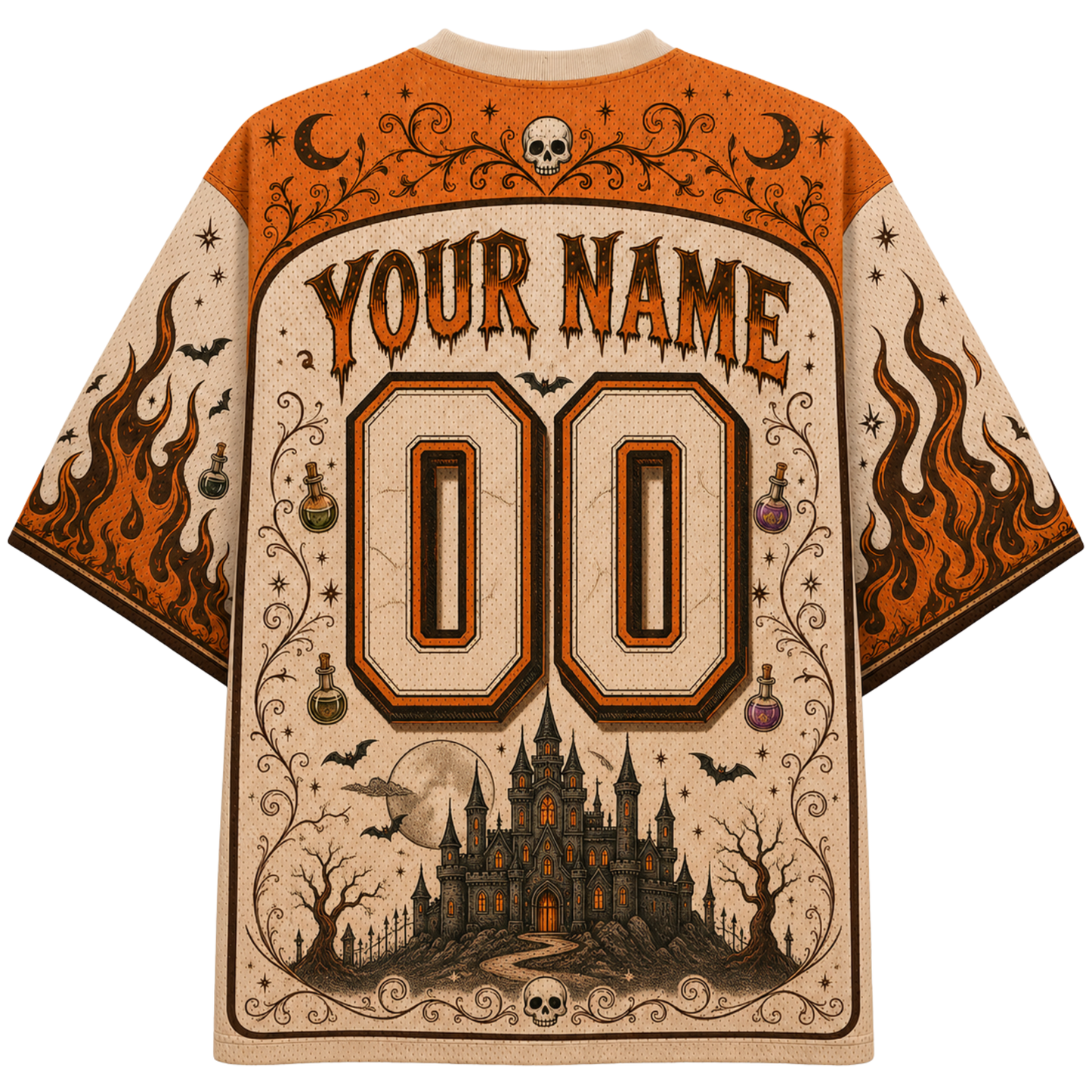 White and light blue custom football-style jersey shown from the front and back, with floral-patterned 'BRIDE' lettering, the number 24, script 'Your Name', and small bow and floral motifs.