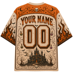 White and light blue custom football-style jersey shown from the front and back, with floral-patterned 'BRIDE' lettering, the number 24, script 'Your Name', and small bow and floral motifs.