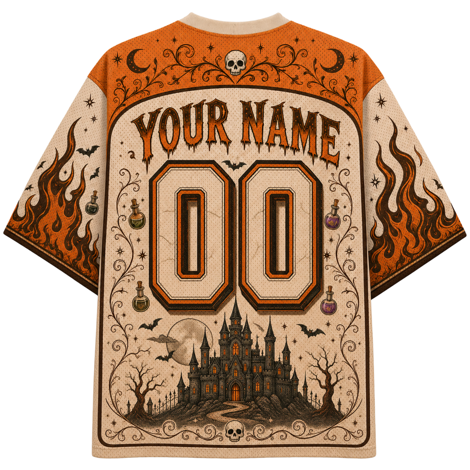 White and light blue custom football-style jersey shown from the front and back, with floral-patterned 'BRIDE' lettering, the number 24, script 'Your Name', and small bow and floral motifs.