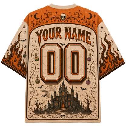 White and light blue custom football-style jersey shown from the front and back, with floral-patterned 'BRIDE' lettering, the number 24, script 'Your Name', and small bow and floral motifs.