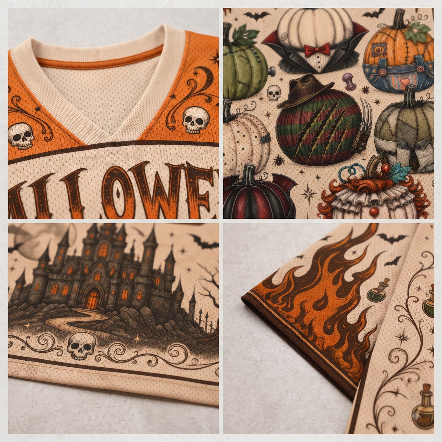 A four-panel collage showing a Halloween-themed sports jersey design. The top-left panel shows the V-neck collar and upper chest with orange and cream mesh fabric, skull motifs, and part of the word 'HOLLOWE'.