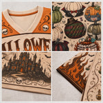 A four-panel collage showing a Halloween-themed sports jersey design. The top-left panel shows the V-neck collar and upper chest with orange and cream mesh fabric, skull motifs, and part of the word 'HOLLOWE'.