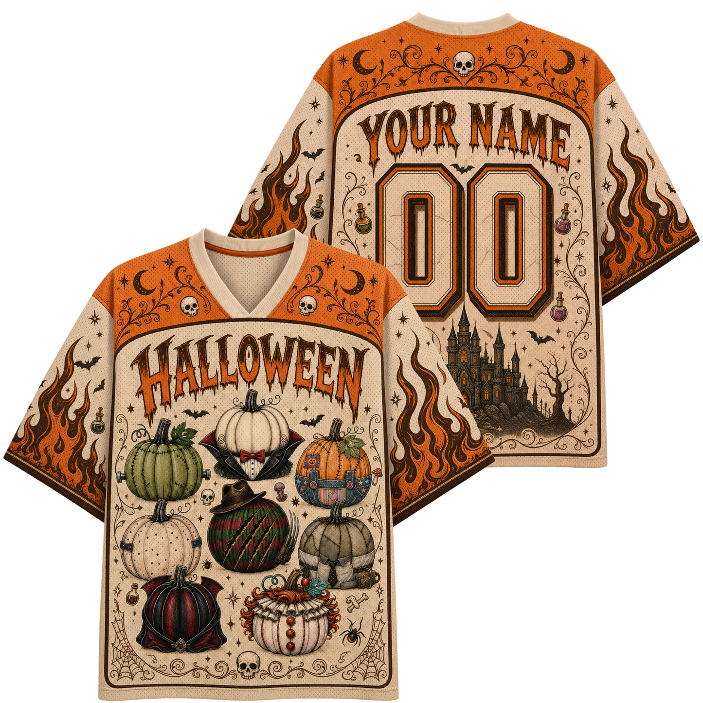 Front and back views of a Halloween-themed short-sleeve V-neck jersey. The jersey features orange and beige flames, skulls, bats, and spooky illustrations of pumpkins and a haunted castle.