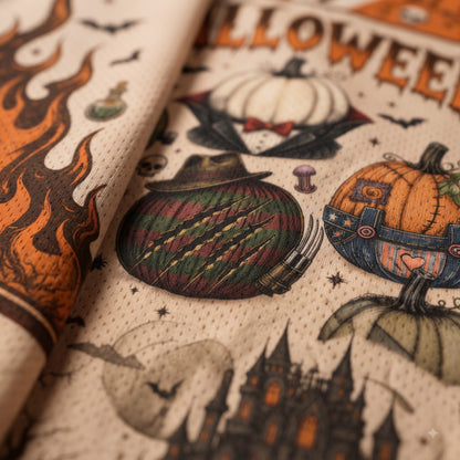 Close-up of a printed fabric featuring Halloween-themed illustrations, including pumpkins, flames, bats, a haunted castle, and the word 'Halloween' on a textured cream background.