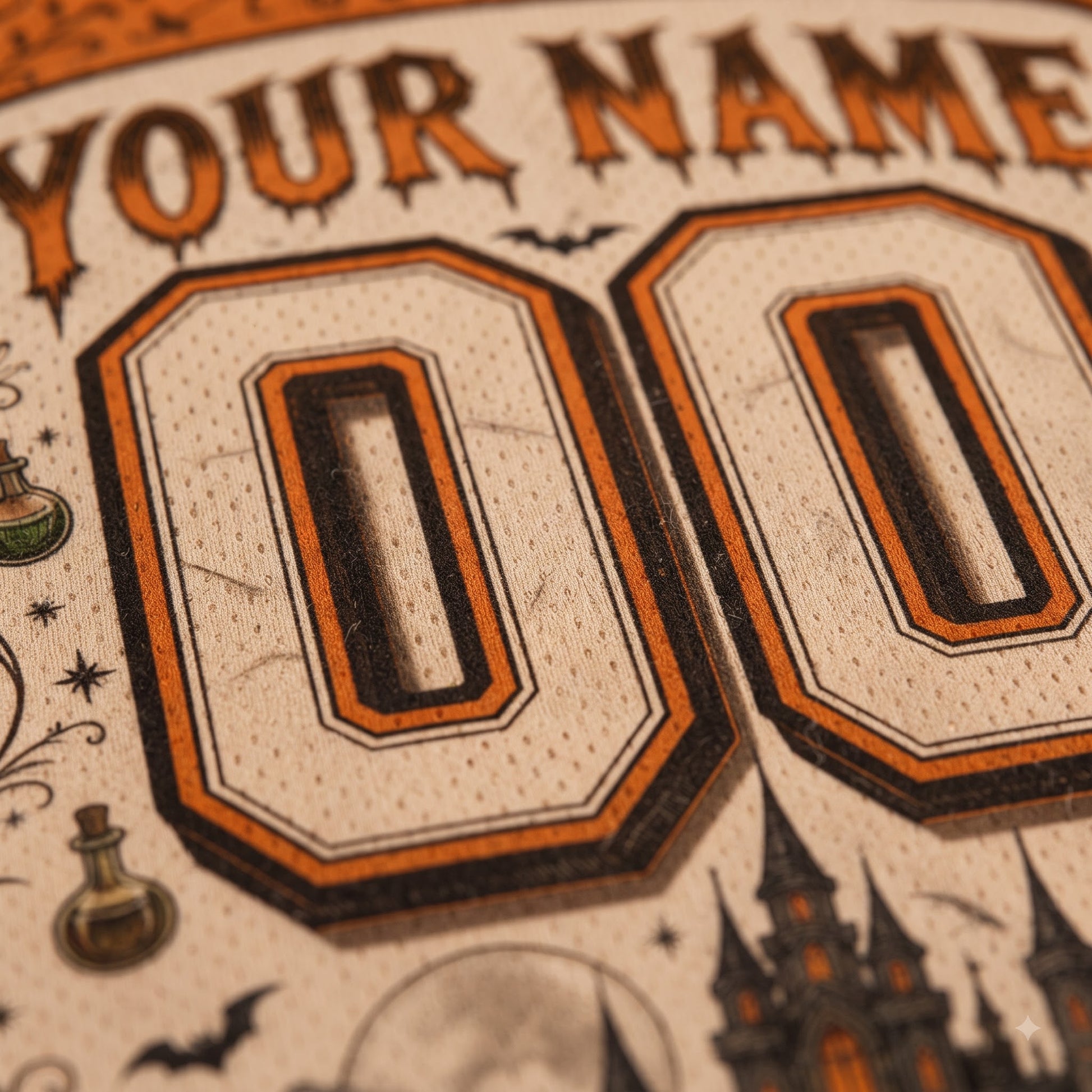 Close-up of a custom printed design featuring large 'YOUR NAME' and '00' text in an orange and black sports-style font on a cream textured background, with Halloween-themed illustrations including bats, a potion bottle, and a castle.