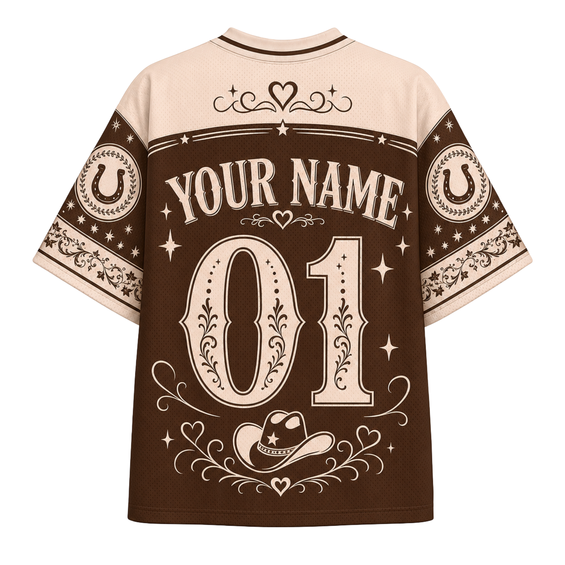 A brown and beige short-sleeve t-shirt with a western-themed back graphic featuring 'YOUR NAME 01' in large decorative numbers, horseshoes, stars, and a cowboy hat illustration.