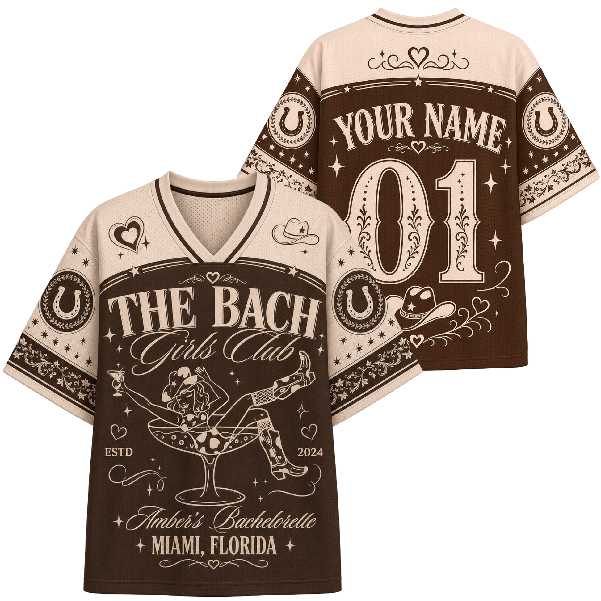 A custom bachelorette-themed short-sleeve V-neck jersey shirt shown from both front and back. The design features a brown and beige color scheme with western motifs, horseshoes, cowboy hats, and customizable text fields like 'YOUR NAME' and '01'.